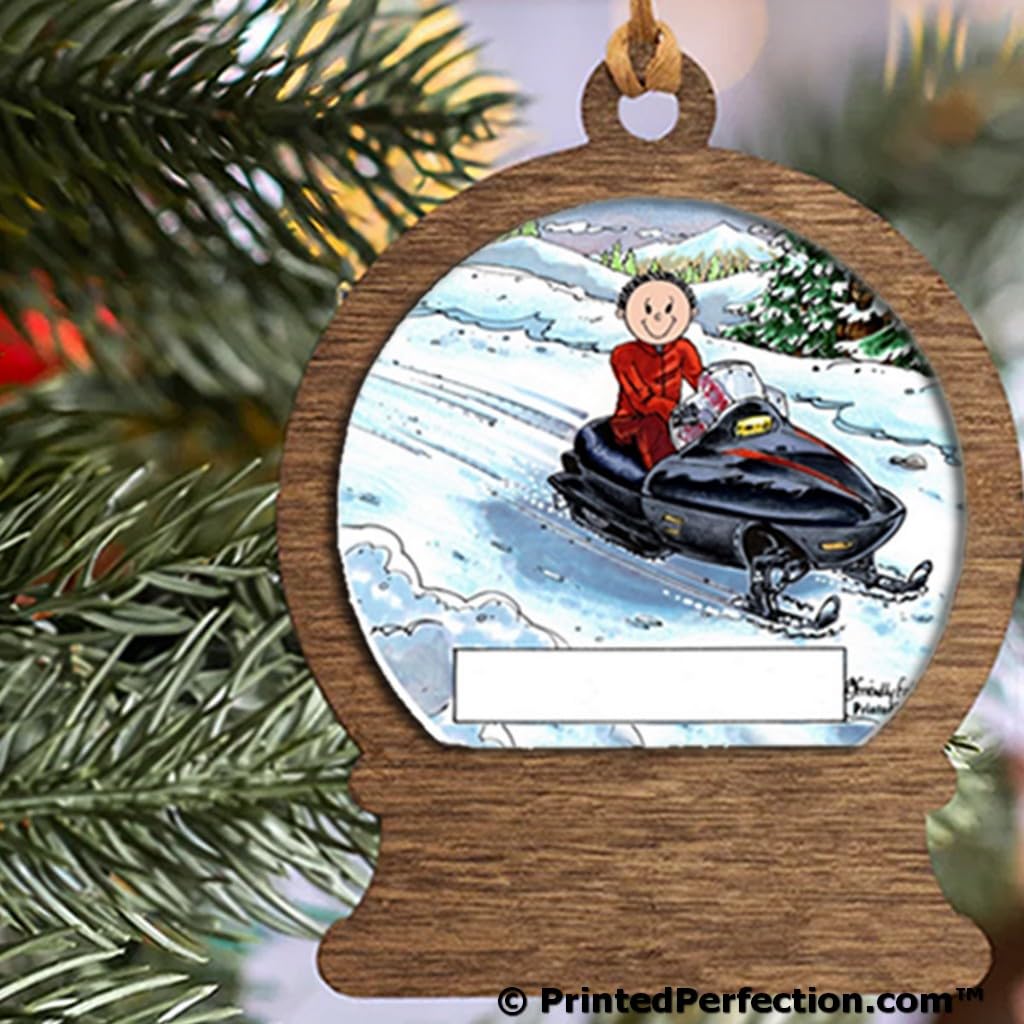 PrintedPerfection.com Personalized Snowmobile - Male Wooden Snow Globe Shaped Christmas Ornament
