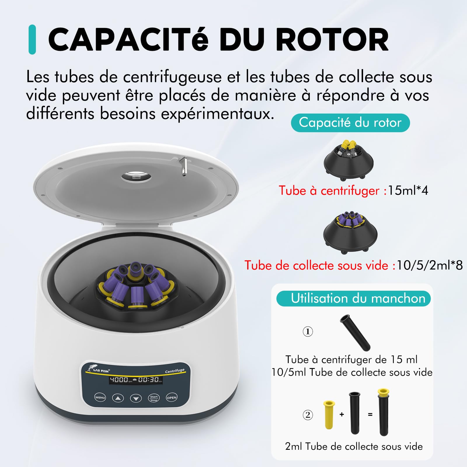 LAB FISH Centrifugeuse PRP LC-400 2ml/5ml/10ml/15ml Tubes De Laboratoire | Contrôle De La Vitesse 500-4000RPM,Max 1717xg | Fonction Minuterie 30sec-59min