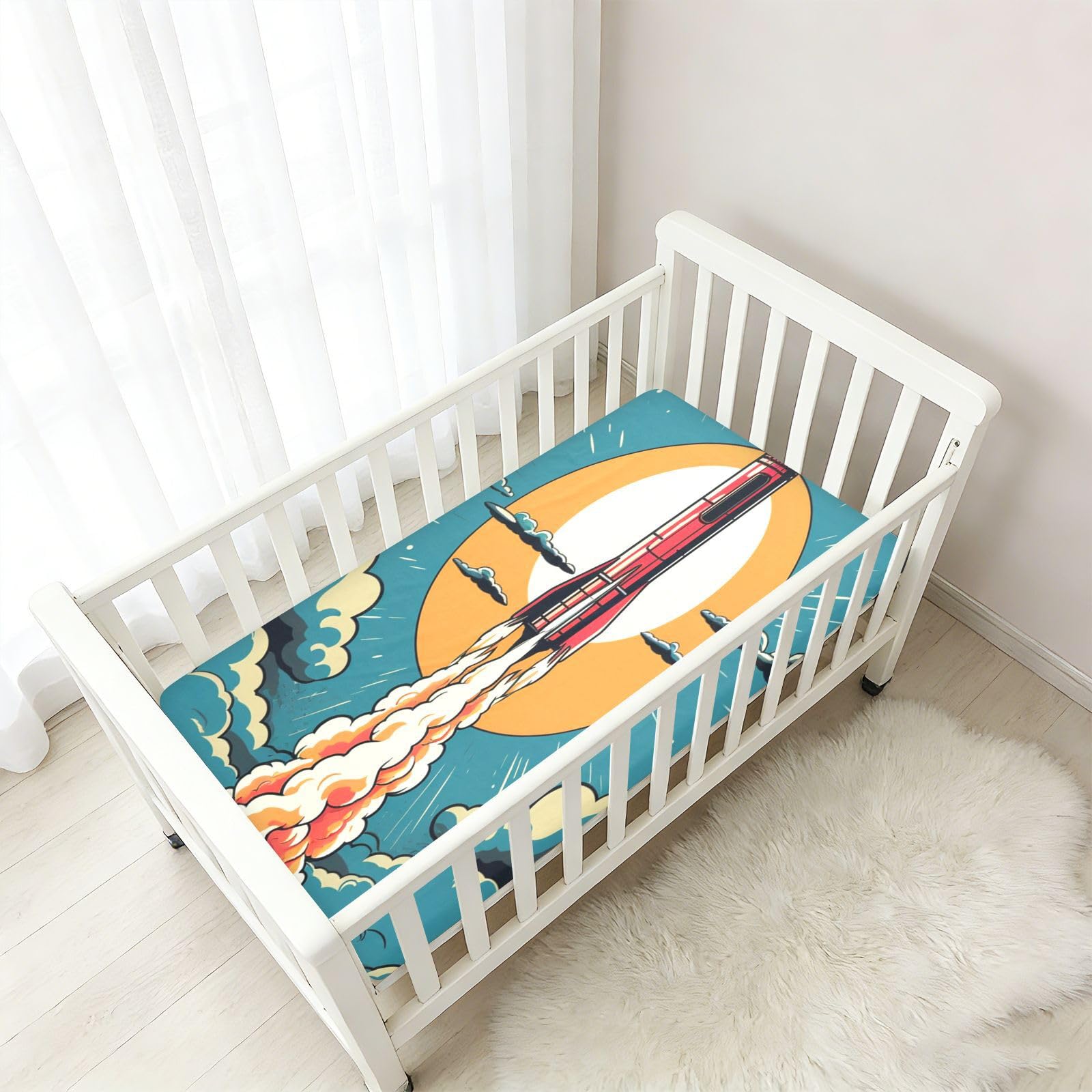 Cielo Negro Cohete De Dibujos Animados Sábana de Cuna para Niños Pequeños,Sábanas de Algodón Suave para Bebés Aptas para Colchón Corralito