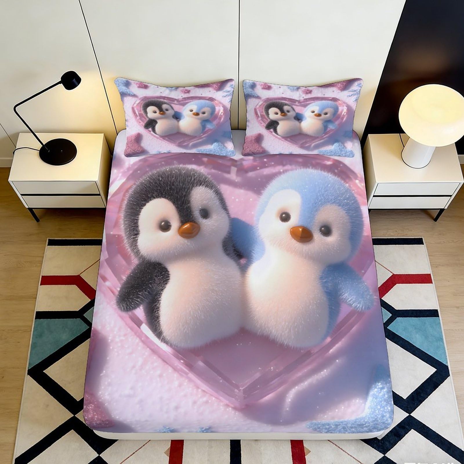 3D Printed Cute Penguin Pattern Fitted Sheet Microfiber Soft Breathable Love Heart Bed Cover for Bedroom Dormitory Guest Room Mattress Protection Decor 140x200x25cm