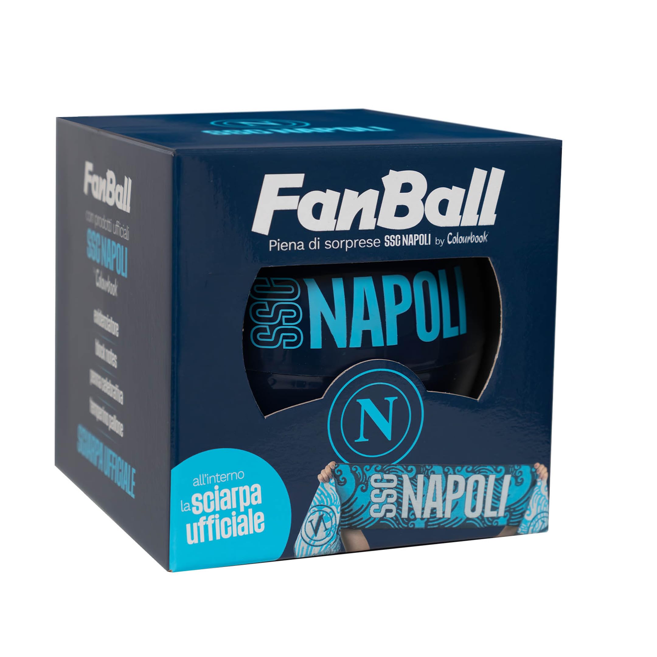Colourbook Napoli - FanBall Box Sorpresa Cancelleria, Prodotti Ufficiali SSC Napoli, Include Evidenziatore, Block Notes, Temperino, Penna a Scatto, Sciarpa Ufficiale, (Blu Navy)