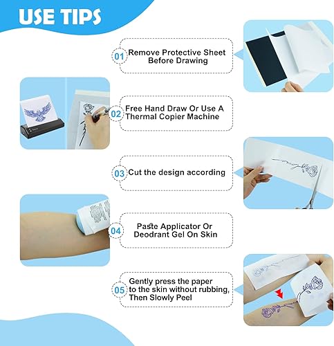 Miniatura 7 de Papel de transferencia de tatuajes, 100 hojas de papel de plantilla de tatuaje, papel de plantilla para tatuaje, tamaños A4, kit de plantillas de