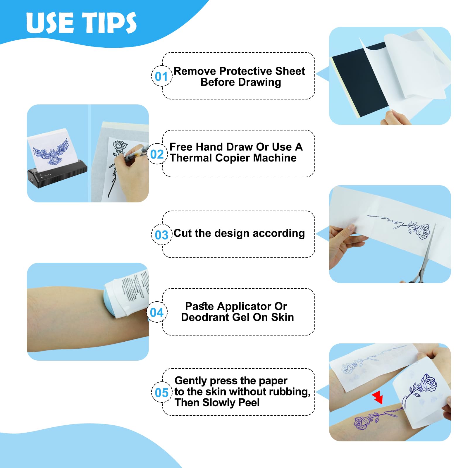 100 Feuilles Papier de Transfert de Tatouage, A4 Papier Thermique Papier, Transfert de Tatouage pour Imprimante