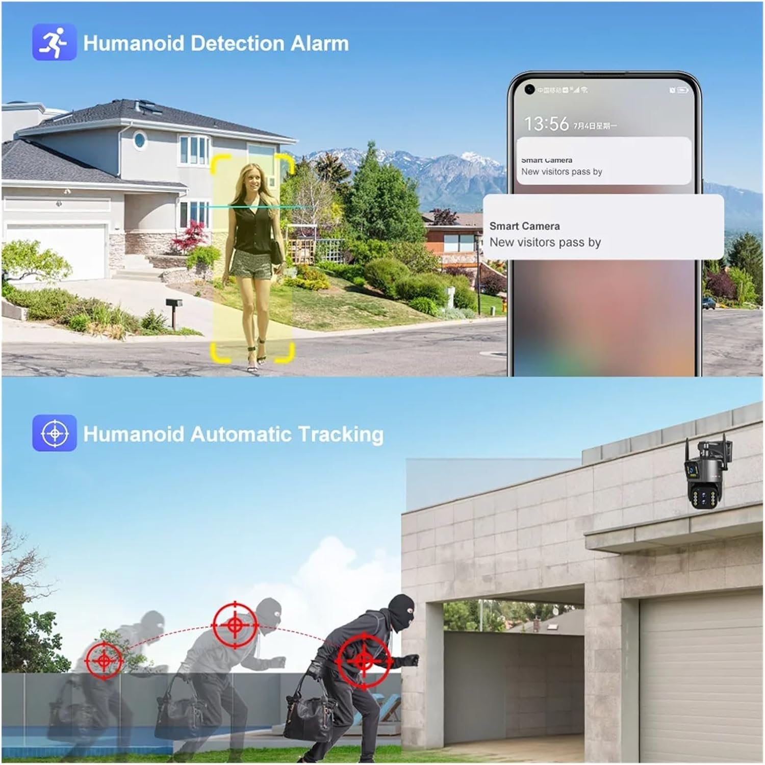 QDVOPHZA camera demonstrating humanoid detection and automatic tracking, showing a person walking and a burglar being tracked.