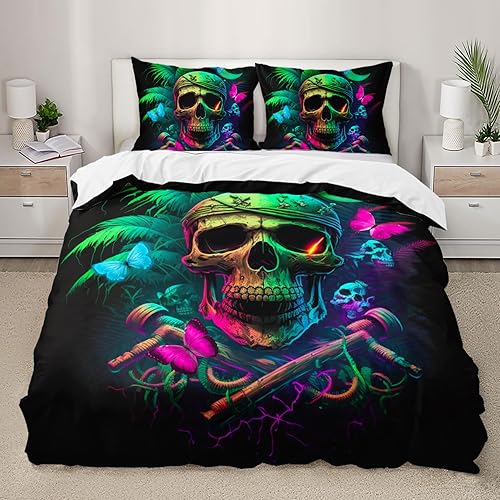 Miniatura 57 de AILONEN Juego de funda de edredón de calavera de azúcar, tamaño Queen, juego de funda de edredón de calavera de rosa roja, juego de ropa de cama