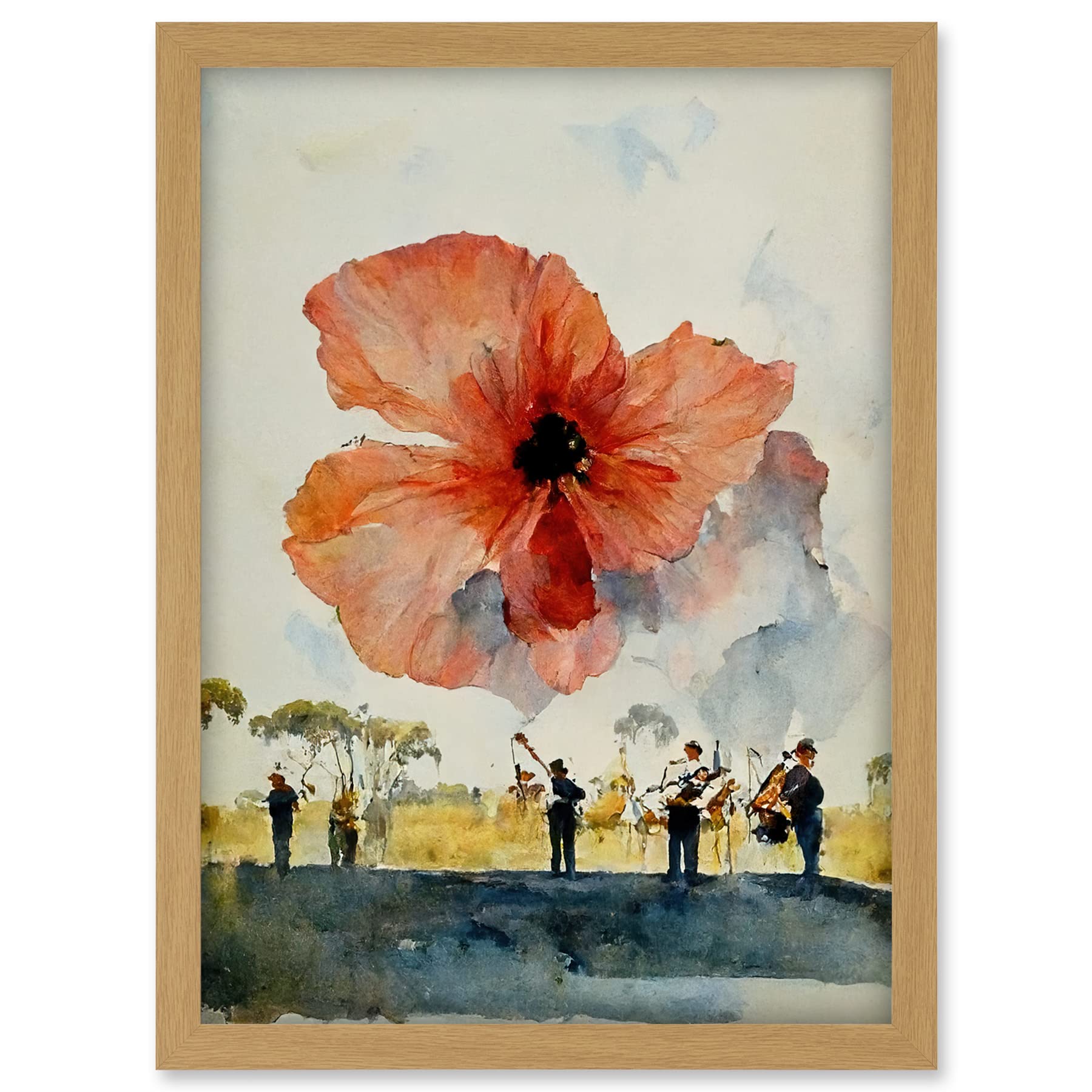 Doppelganger33 LTD Watercolour War Memorial Remembrance Day Poppy Brass Band Artwork Framed A3 Wall Art Print