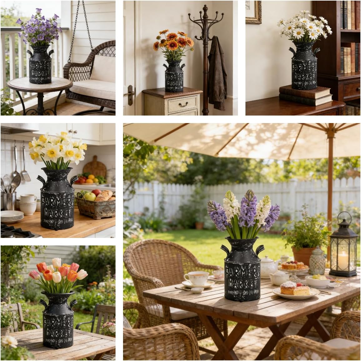 10.2" H Vintage Metal Milk Can Vase, Rustic Farmhouse Decorative Flower Vases, Distressed Pitcher Jug Vases for Indoor Outdoor Home Kithen Garden Table Centerpiece Decor