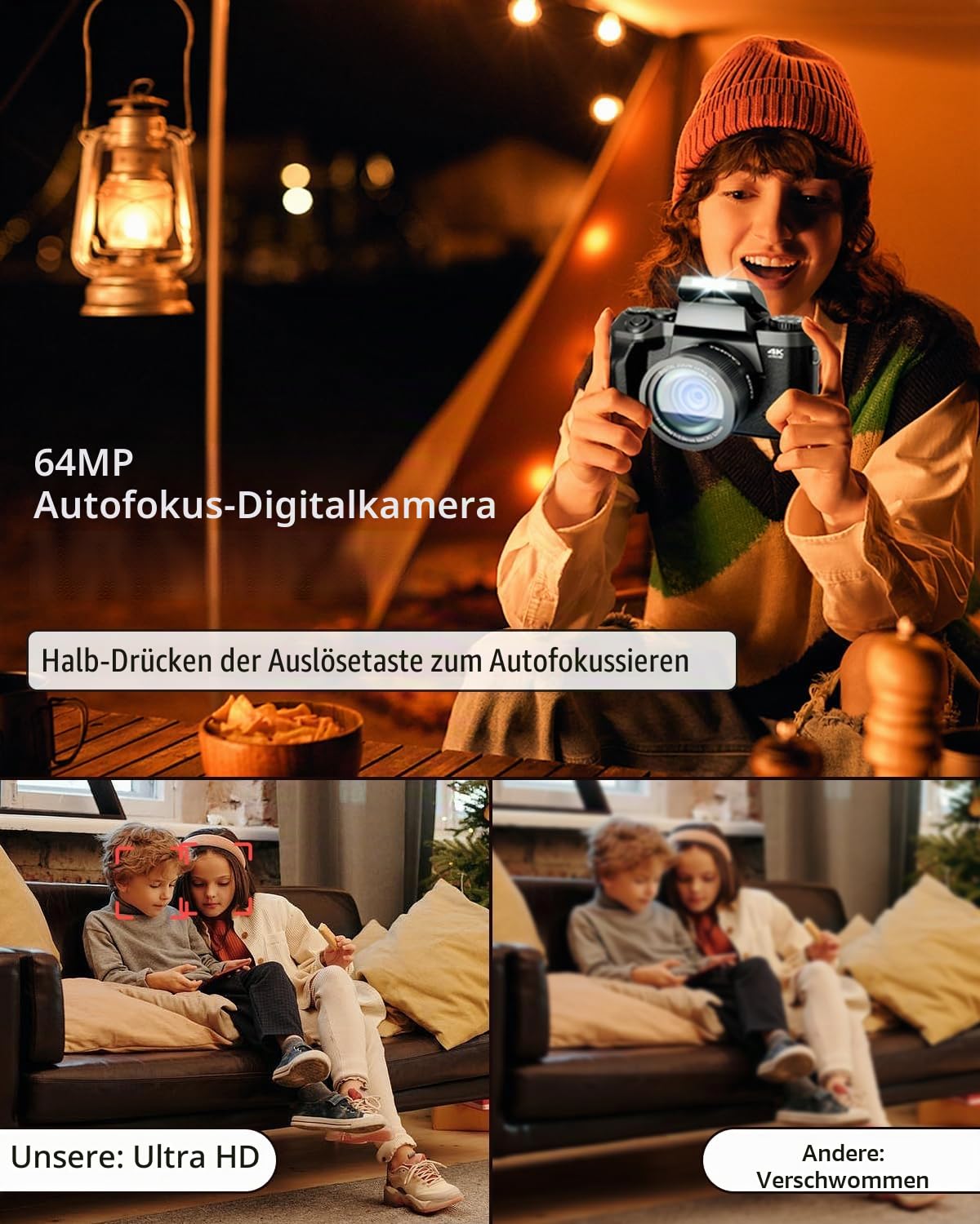 SWE Digitalkamera 4K 64MP Digital Kamera Fotokamera mit 4.0" Touchscreen, Autofokus WiFi Kompaktkamera 16X Digitalzoom Fotoapparat Camera für Einsteiger mit 32G Karte 3000mAh Akku Tasche - Doppellinse