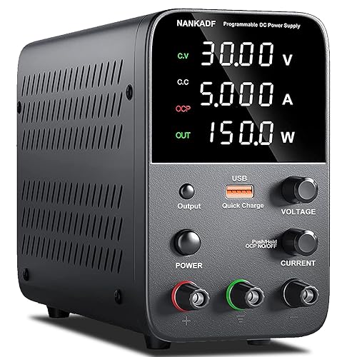 DC Power Supply Variable, Bench Power Supply with Encoder Adjustment Knob, Output Enable/Disable Button, Adjustable Power Supplies with USB Quick-Charge, Short Circuit Alam (30V 5A Black)