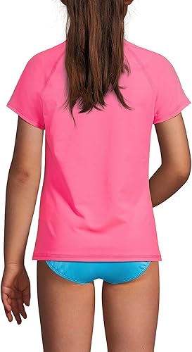 Lands' End Girls Chlorine Resistant Short Sleeve Crewneck Rash Guard Knockout Pink/Turquoise Stripe Kids X-Small