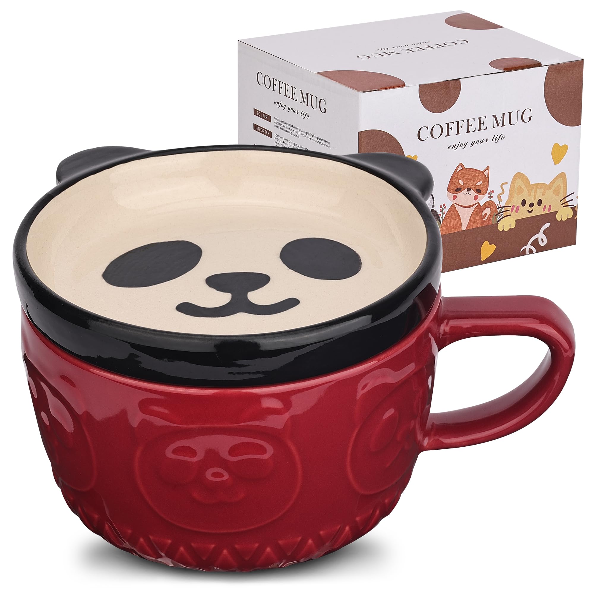 Cute Ceramic Red Panda Coffee Mug with Lid,Kawaii Animal Coffee Mugs or Tea Cups,Funny Novelty Panda Breakfast Mugs for Women Wife Mum Girls Boys Friends Kids Christmas Birthday Gift,300ML（Red）