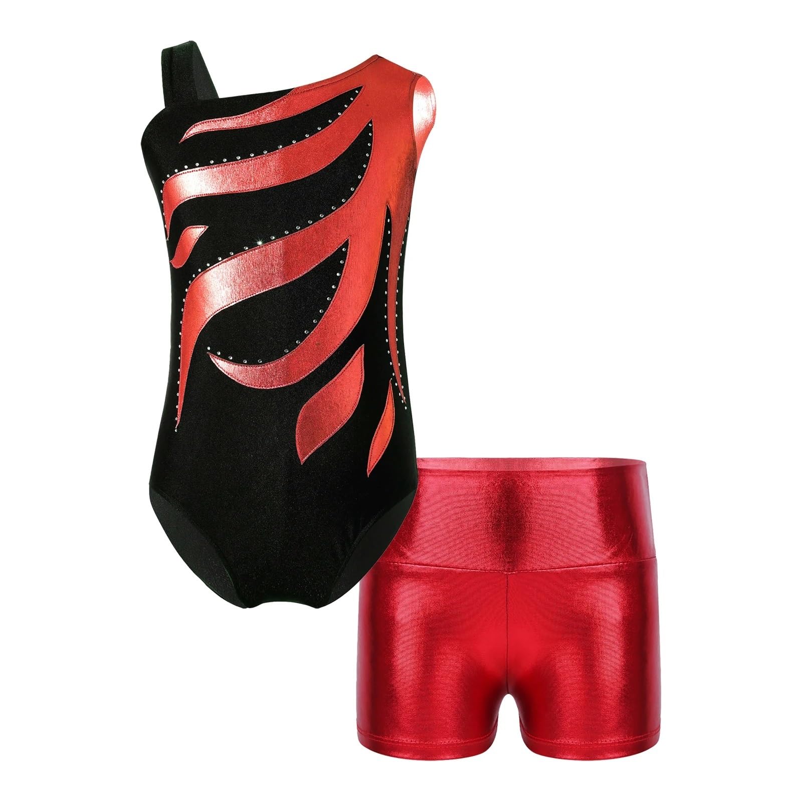 Mädchen Turnanzug Ballettanzug for Mädchen mit glänzenden Strasssteinen und metallischen Shorts mit hoher Taille, Gymnastik-Badeanzug, Tanz-Outfit(Red,6)