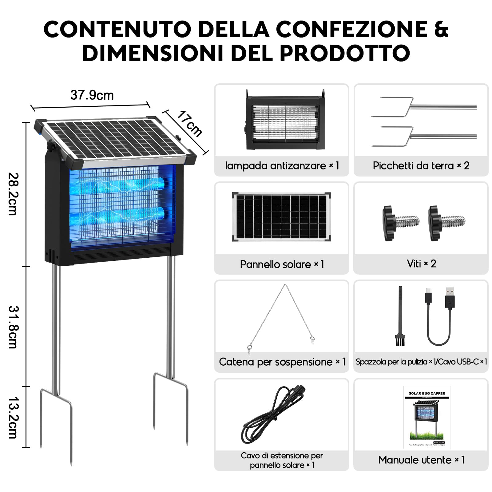 Lámpara Antimosquitos Solar de Exterior, Mata Mosquitos Eléctrico 4500V, Impermeable IPX5, Recargable USB-C, Batería de 4000mAh, Sin Cables con Estaca para Jardín, Césped