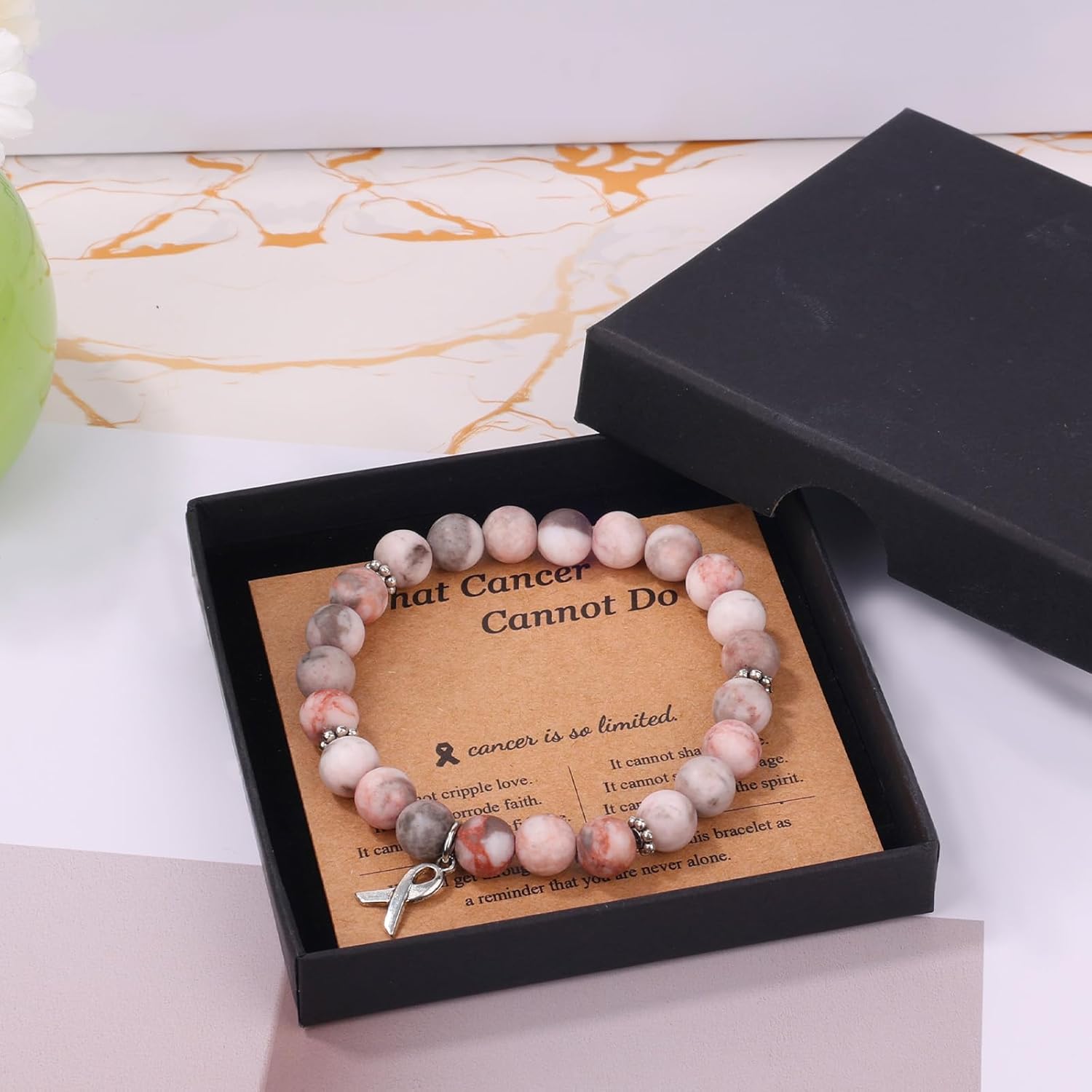 Breast Awareness Bracelets, Natural Stone Inspirational Ribbon Beaded Bracelet with Motivational Card Care Encouragement Gift for Women Friends Family Loved Ones - Image 5