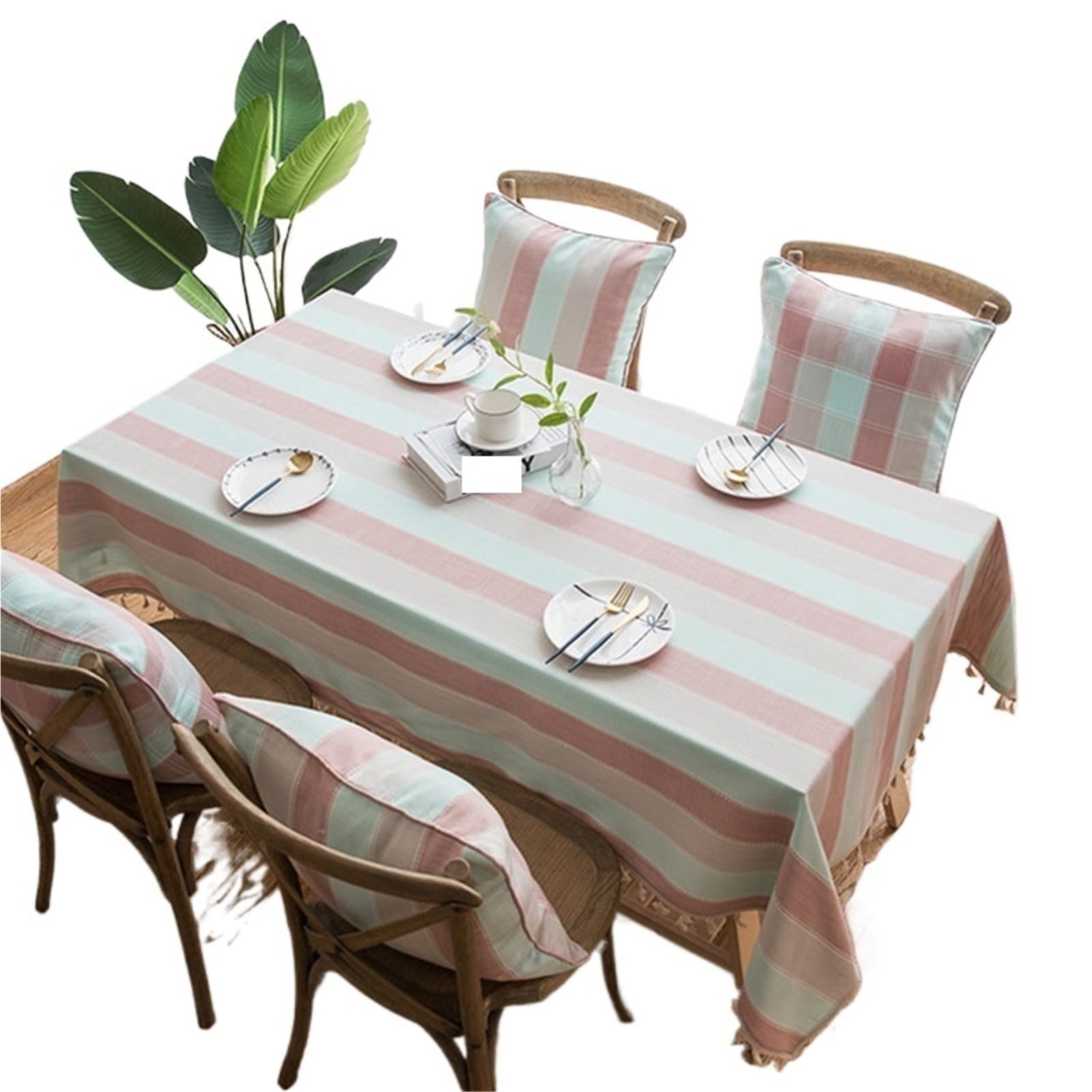 FonHNDG Striped Tablecloth Cotton Linen Tablecloth,Multiple Color Stripe Tassels Rectangle Dust-Proof Table Cover,For Dinning Party Tea Decoration(Pink,140x180cm)