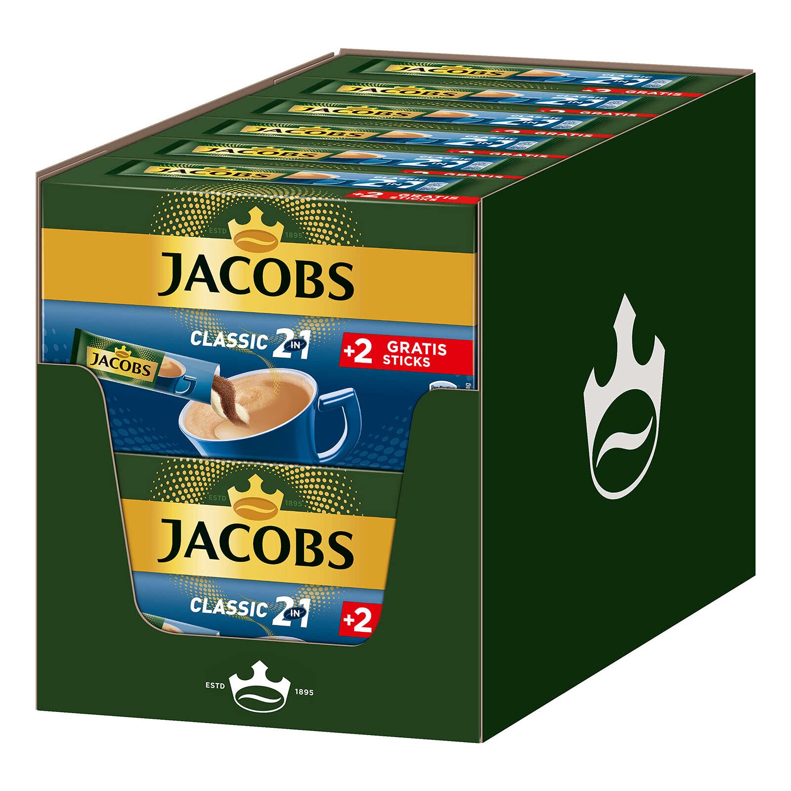 Jacobs Kaffeespezialitäten 2 in 1, 144 Sticks mit Instant Kaffee, 12 x 10+2 Getränke, Nur für kurze Zeit
