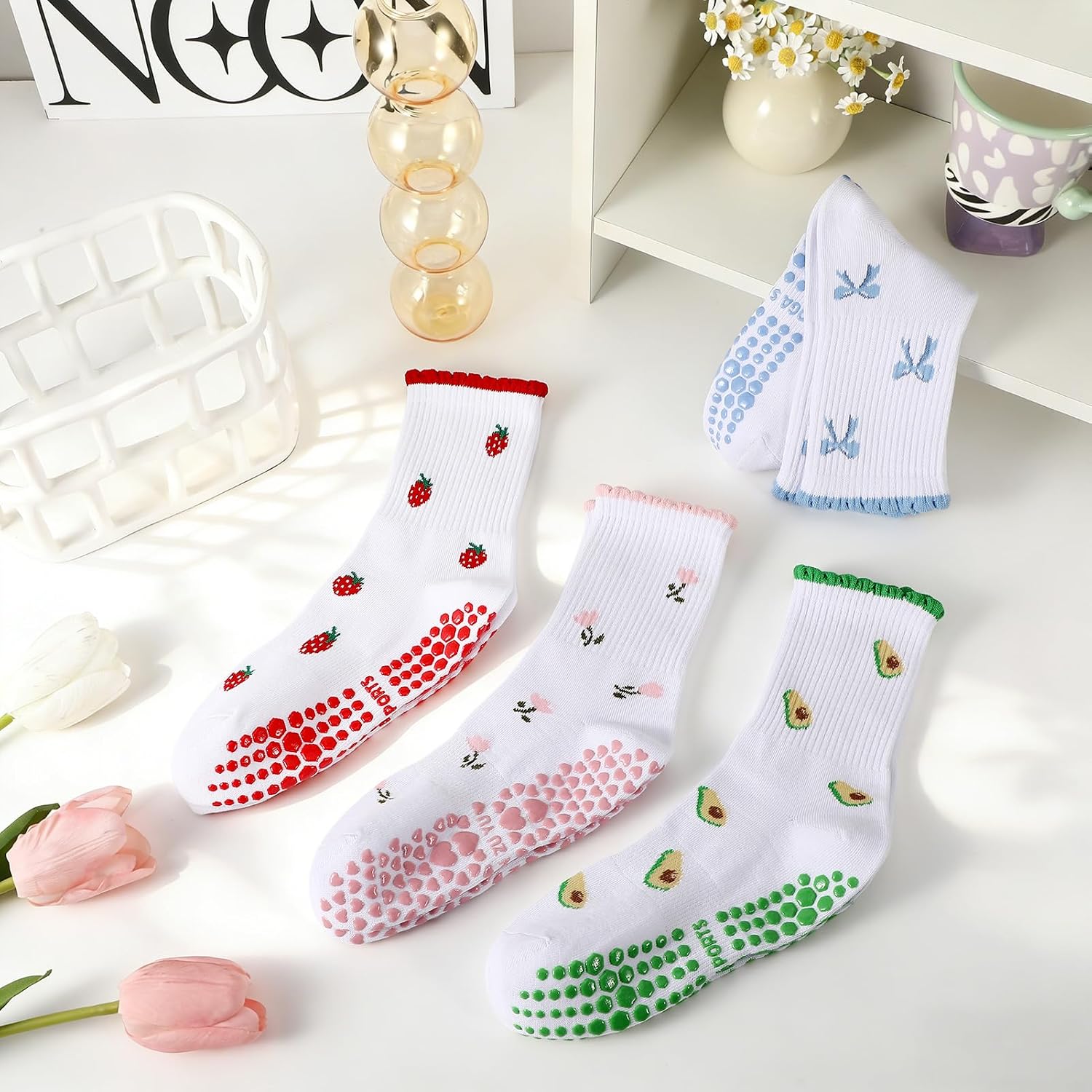 4 Pairs Cute Pilates Socks for Women Ruffled Yoga Socks with Fruit Polka Dot Non-Slip Sock for Barre Sticky Slipper