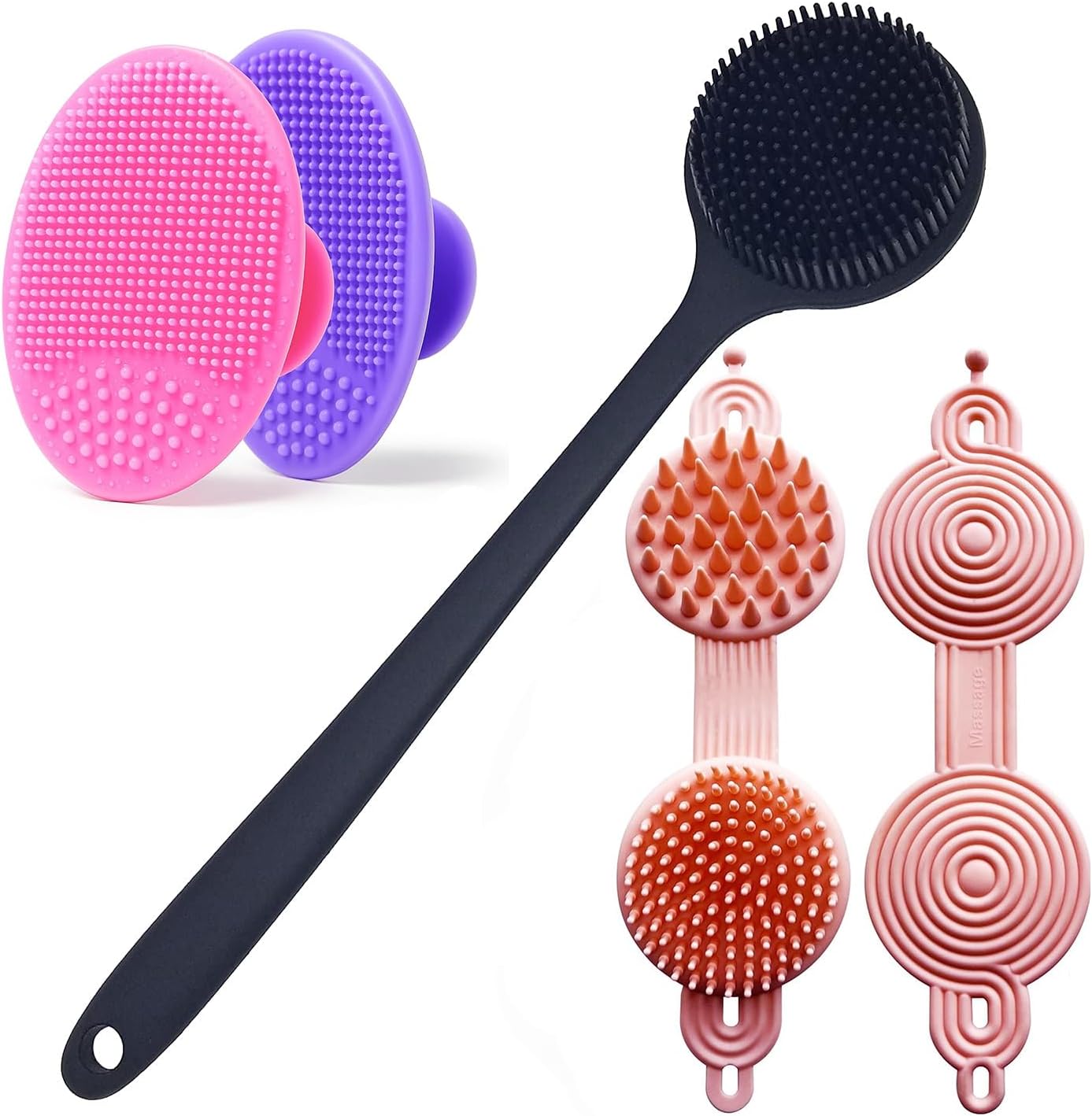 XML Body Scrubber Brush,Hair Scalp Massager, Face Scrubber Combo for Facial Cleansing Brush Face Exfoliator Remove Blackhead Acne Pore Skin, Growth & Reduces Dandruff and Hair fall, for Shower Exfoliating and Massage Can Produce Rich Foam, Long Handle Back Scrubber for Men and Women(FACESRUBBER-BODYSCRUBBER-2IN1SCALP)