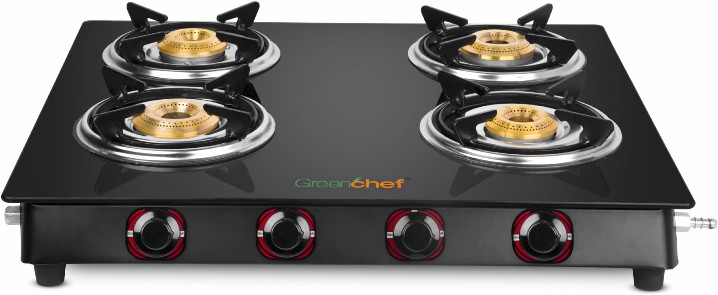 GREENCHEF Elon Glass cook top Four Burner Gas stove,Black Body (Manual Ignition), toughened glass top, Compact Design, pan support – ISI certified