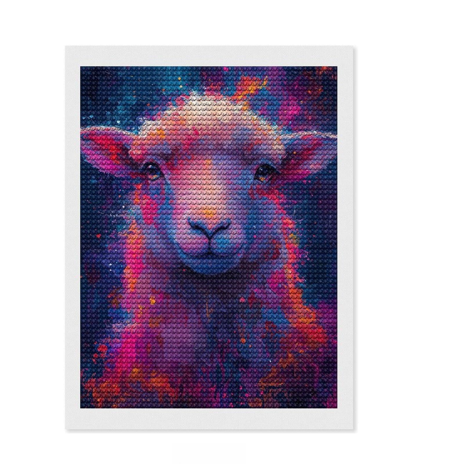 Junmoney Colorful Sheep Pop Art Style Portrait Diamond Art Kit 12"x16", Christmas Gift, for Women, Stress Relief Craft, Farmhouse Decor, Printed Canvas