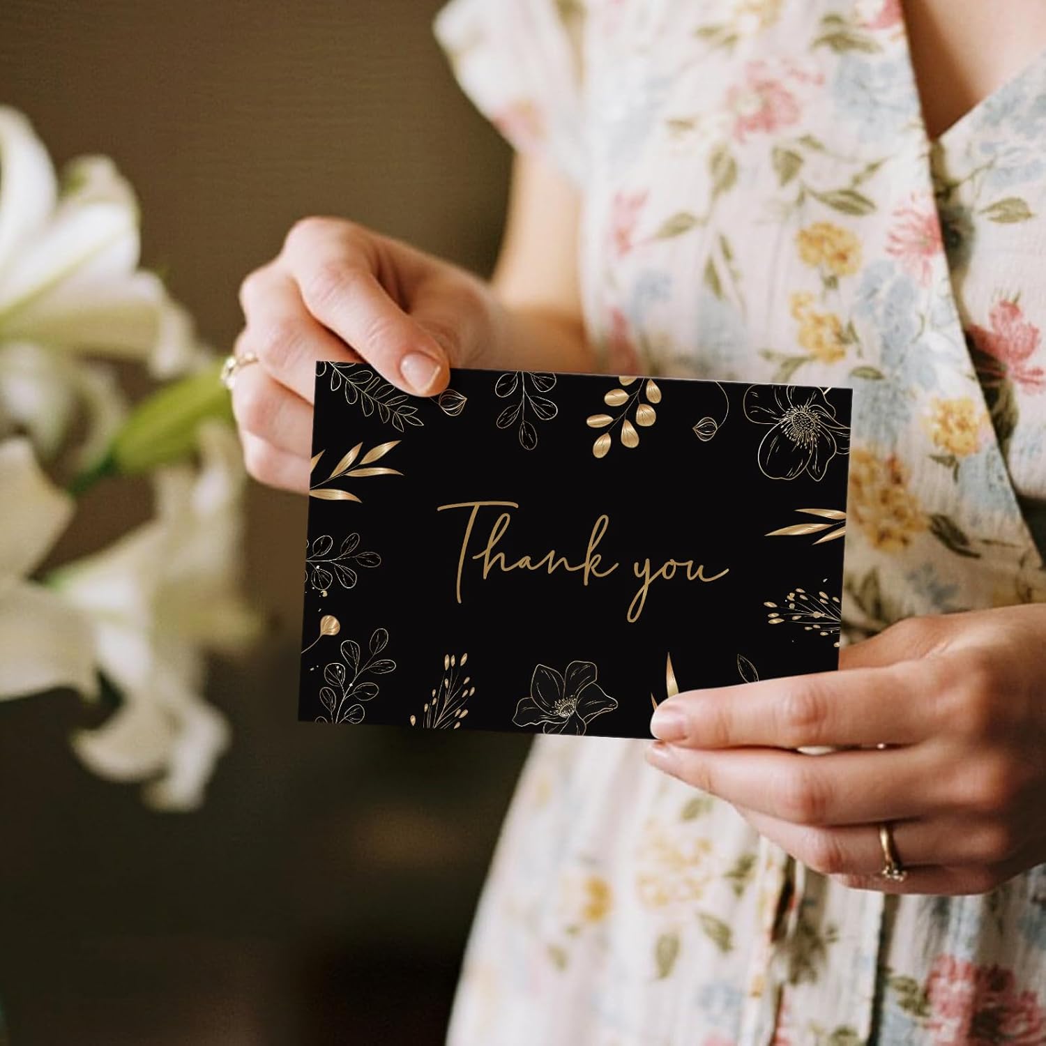 108 Pack Pre-Folded Floral Thank You Cards with Envelopes & Stickers, 6 Elegant Designs for Wedding, Baby Shower, Bridal Shower, Teacher Gifts (Black Gold)