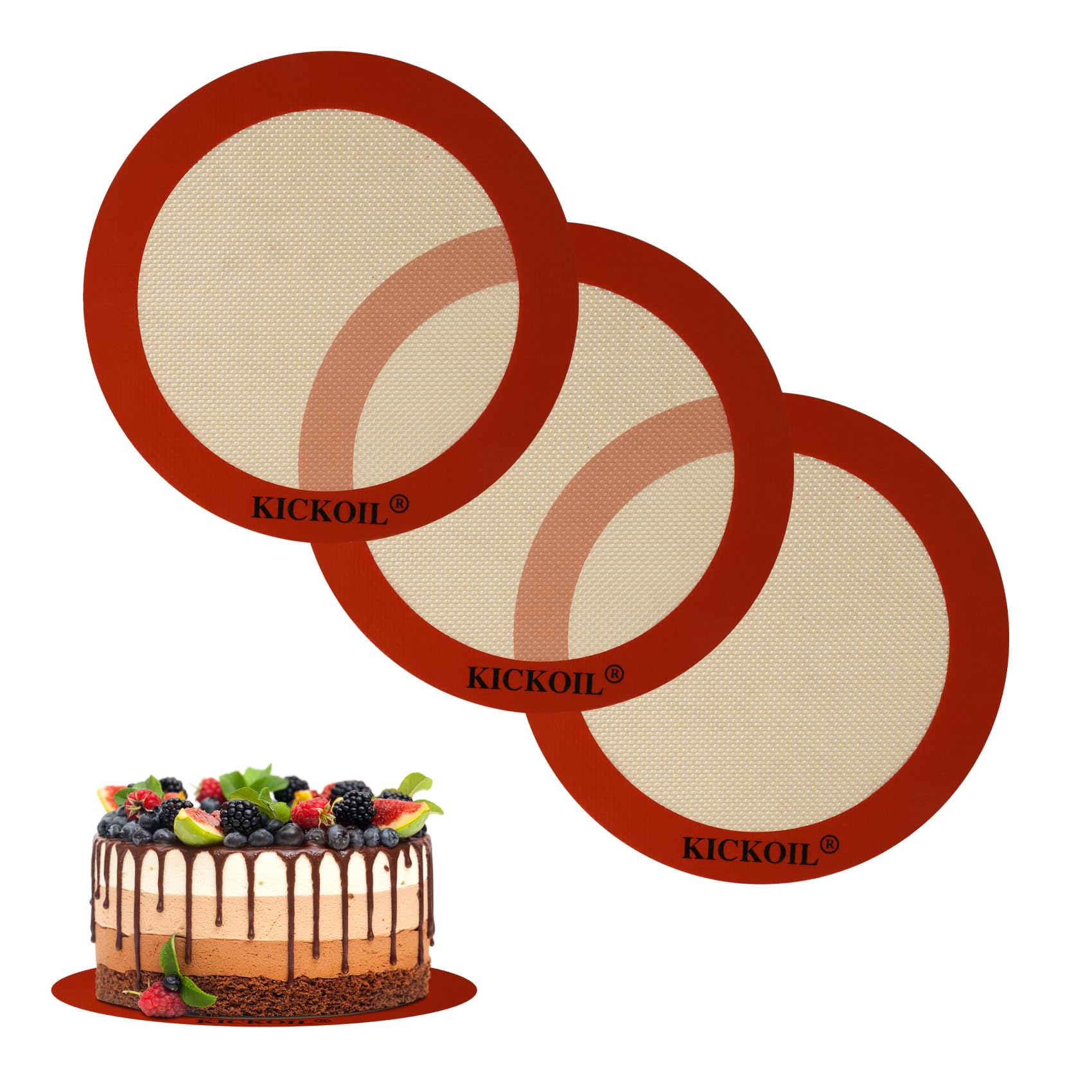 Round Silicone Baking Mats Set of 3-Silicone Mat for 8 Inch Cake Pan Pizza Pan-Non-Stick Reusable Heat Resistant Baking Sheets Liner for Cookies/Pita Bread/Rolling/Pie/Tortilla/Pastry/Dough,Orange