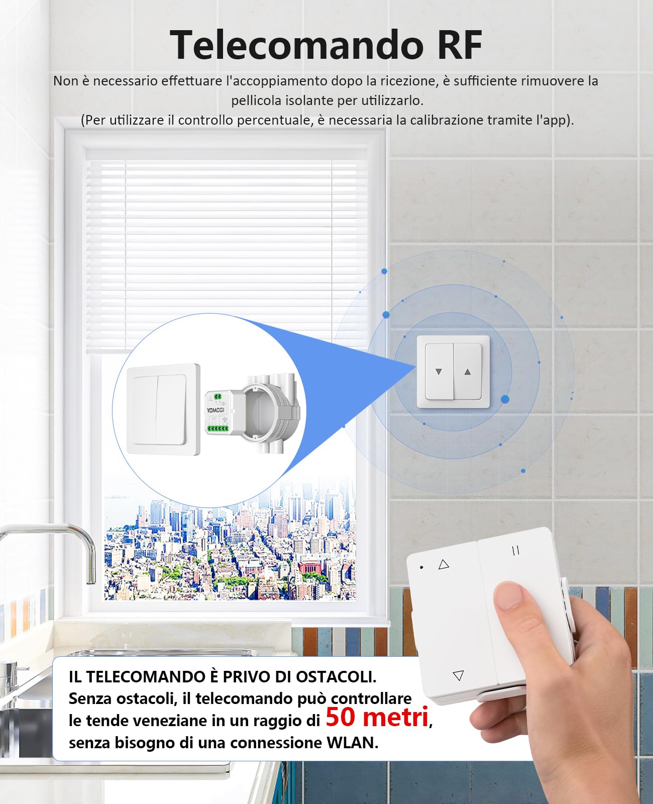 YOMOGI Modulo Tapparella WiFi con Telecomando RF Connesso, Interruttore Intelligente per Tende e Persiane, Compatibile con Alexa e Google Home, Controllo Remoto, Comando Vocale, Timer (4 Pack)