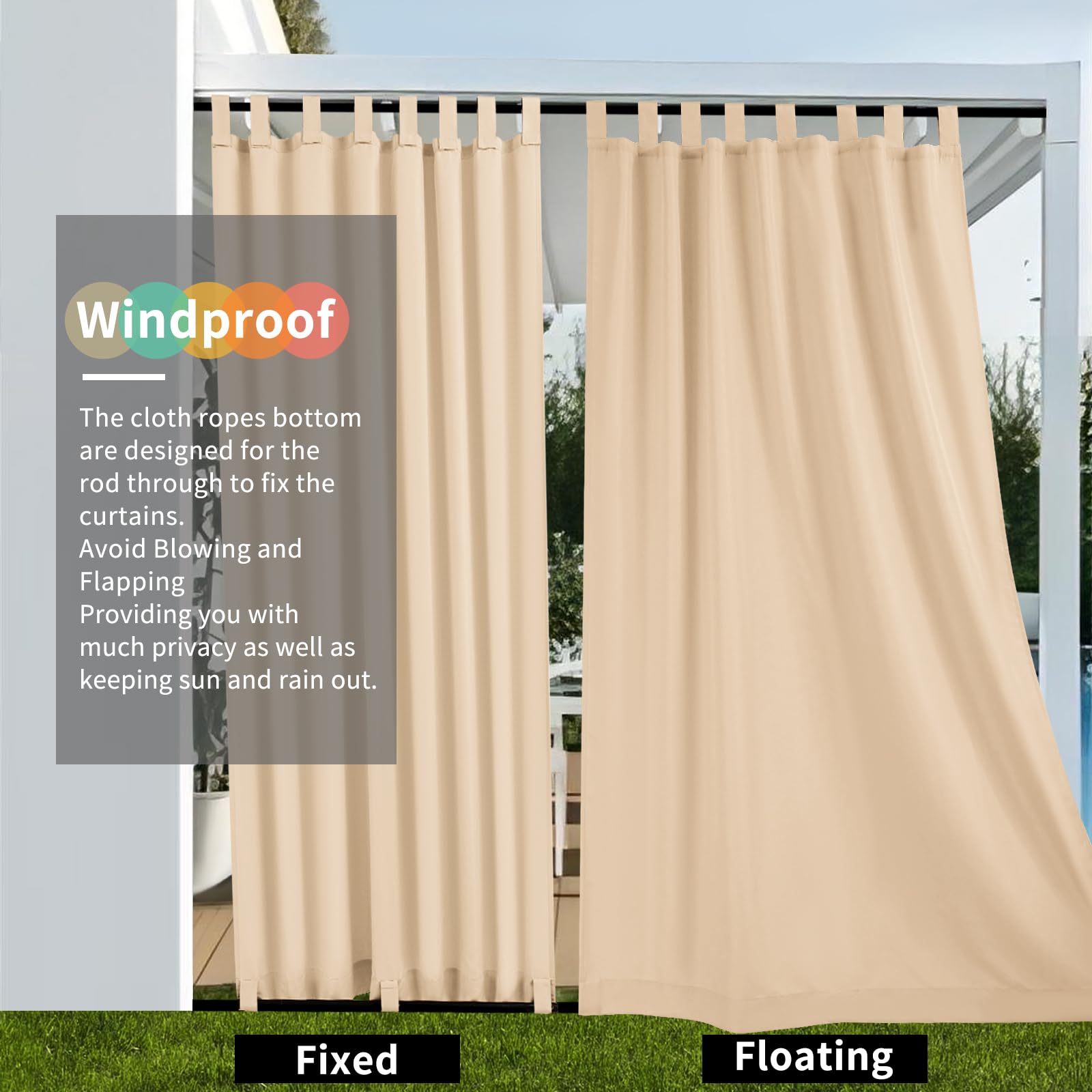 Teruntrue 2 Pezzi Tenda da Esterno Impermeabile con Cerniere in, Tende da Balcone e Terrazza, Protezione Solare e Privacy, con Occhielli Inferiori, H260 x B155 cm, Beige