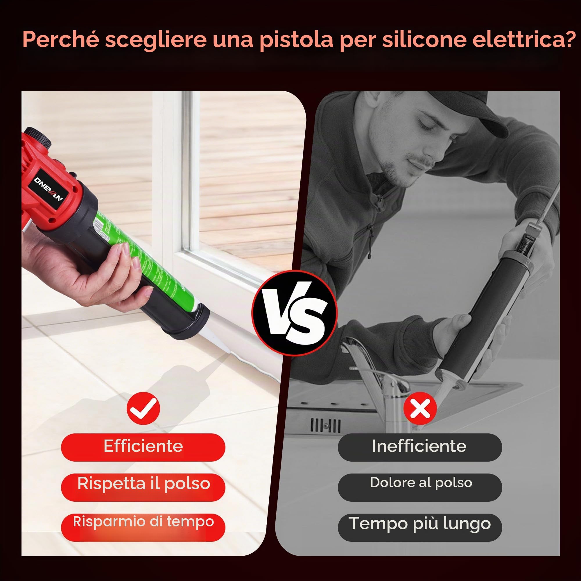 ONEVAN Pistola Elettrica per Cartucce 300ml Brushless 2x1,5Ah | 300ml Capacità, 300kg Spinta, Velocità variabile, Caricabatterie rapido, Luce LED, Per finestre e giunti