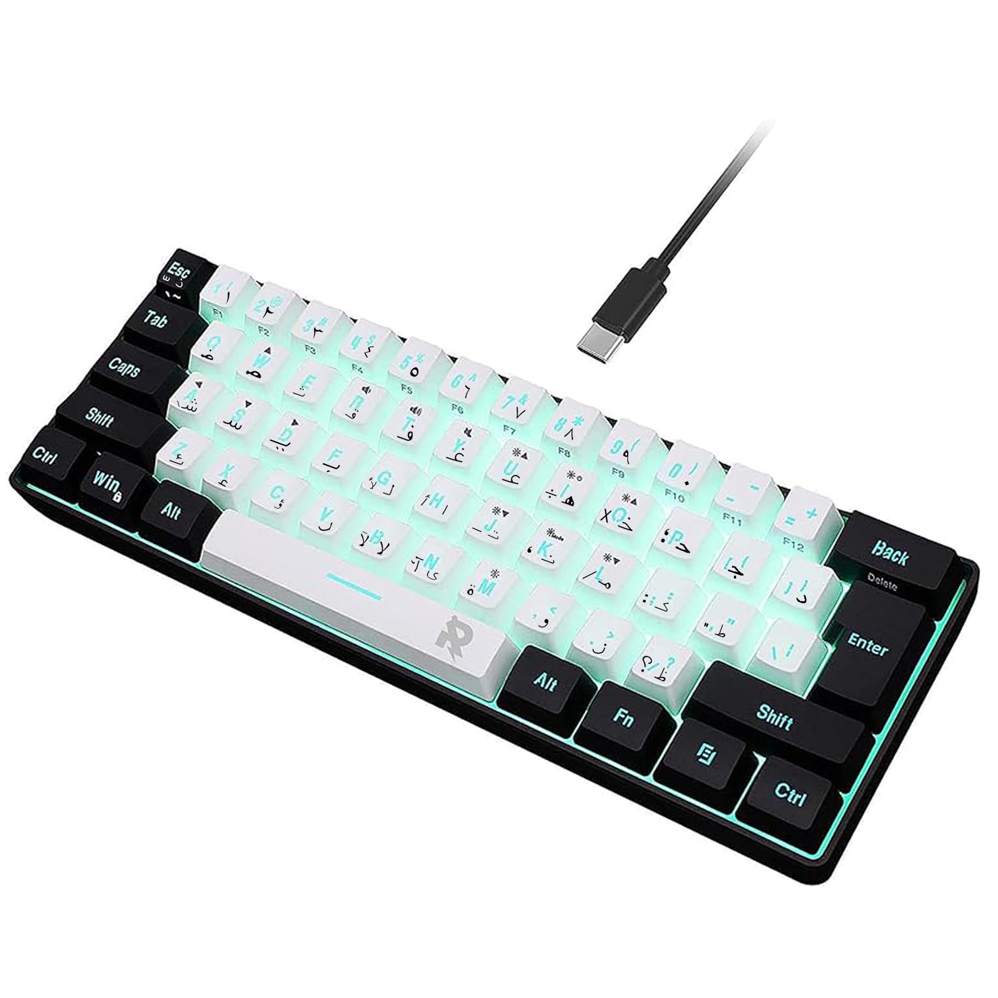 ROCK POW Arabic English 60% Wired Gaming Keyboard, RGB Backlit Mini Keyboard, Waterproof Small Ultra-Compact 61 Keys Keyboard for PC/Mac Gamer, Typist, Travel, Easy to Carry on Business Trip BW