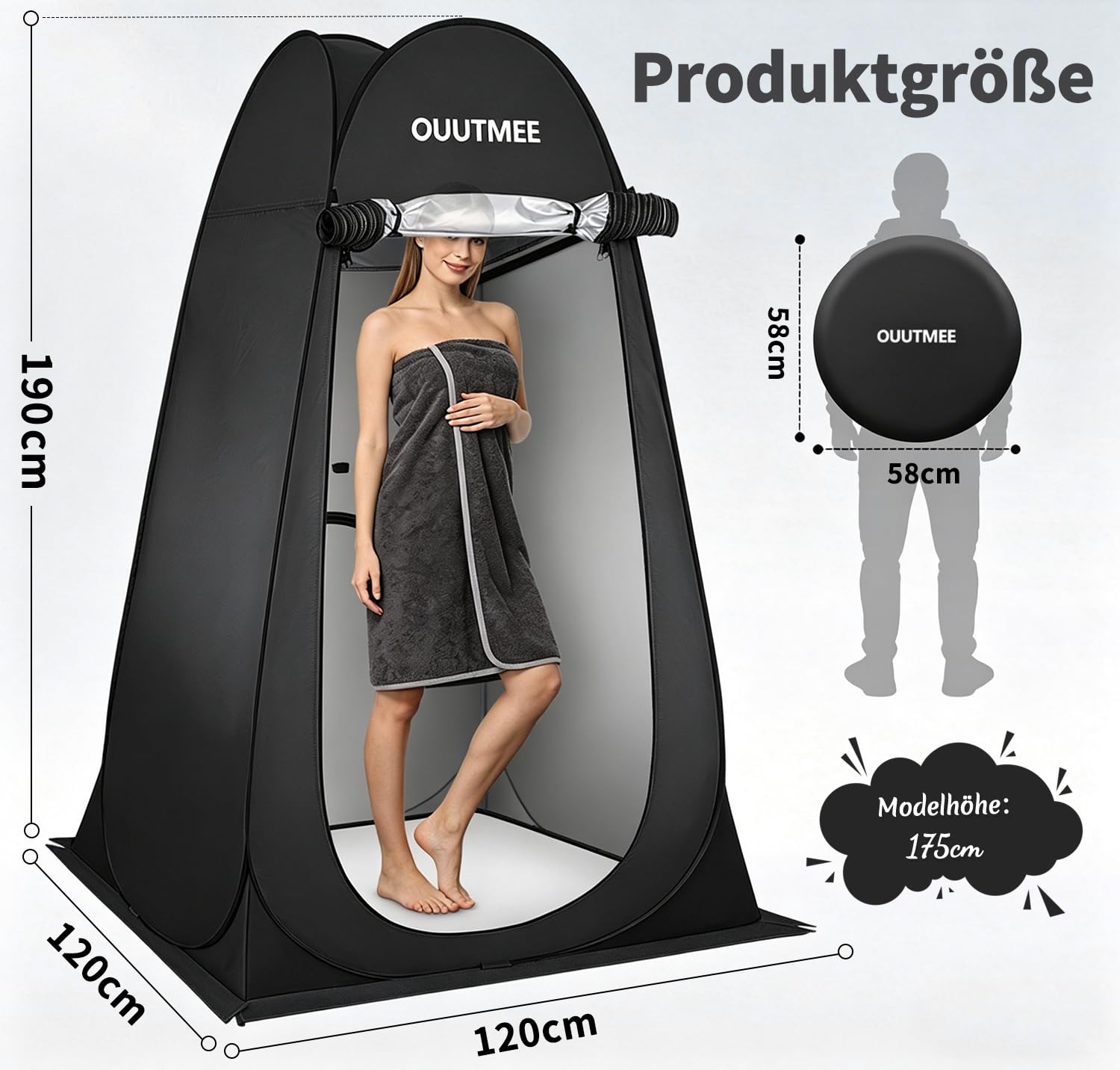 OUUTMEE Namiot prysznicowy, kempingowy namiot toaletowy, przenośna przebieralnia typu pop-up, mobilny namiot plażowy, ochrona przed promieniowaniem UV, odporny na działanie wody, na wędrówki, (czarny