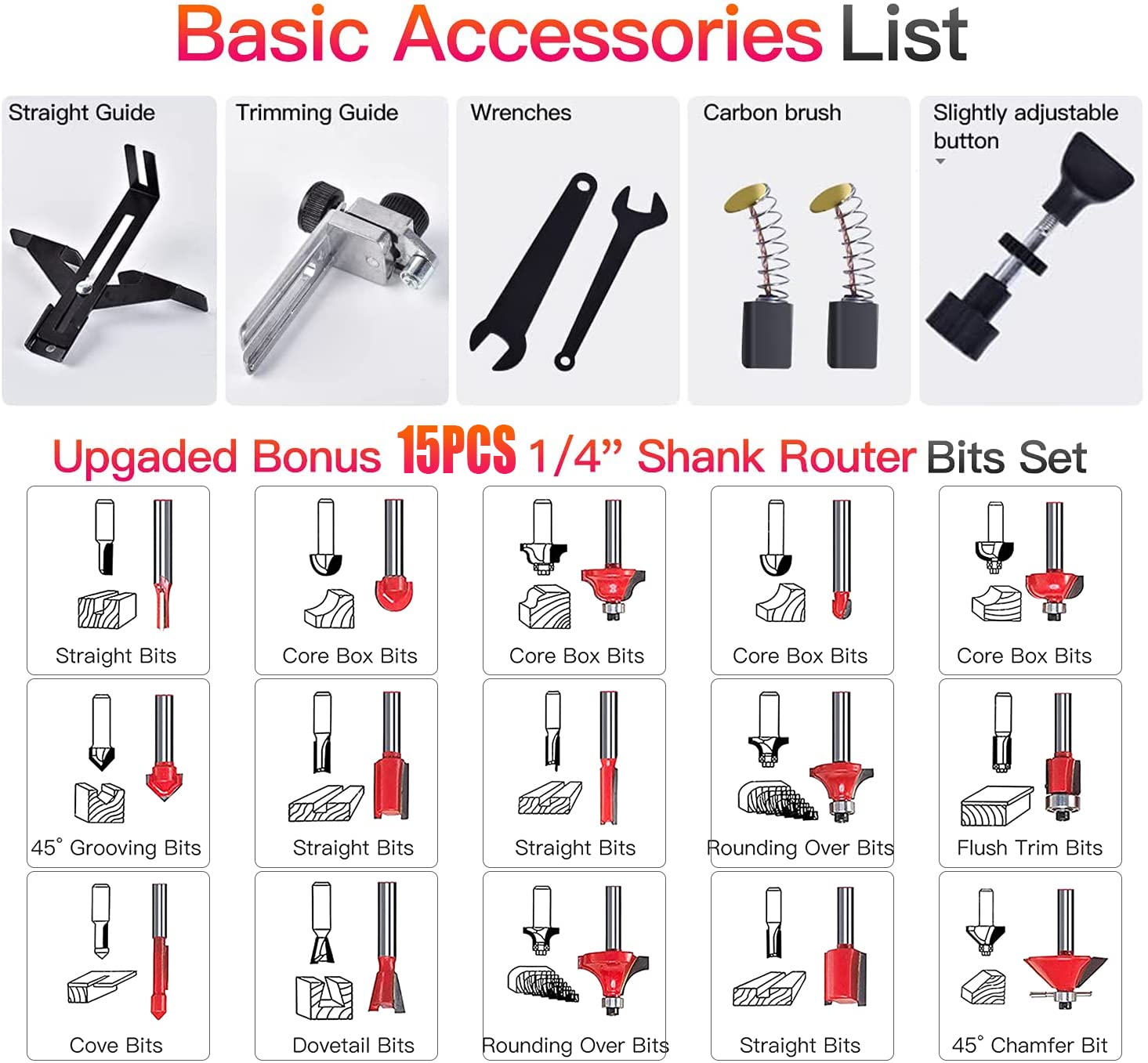 Compact Wood Palm Router Tool Hand Trimmer Woodworking Joiner Cutting Palmming Tool 30000R/MIN 800W 110V with 15PCS 1/4" Router Bits