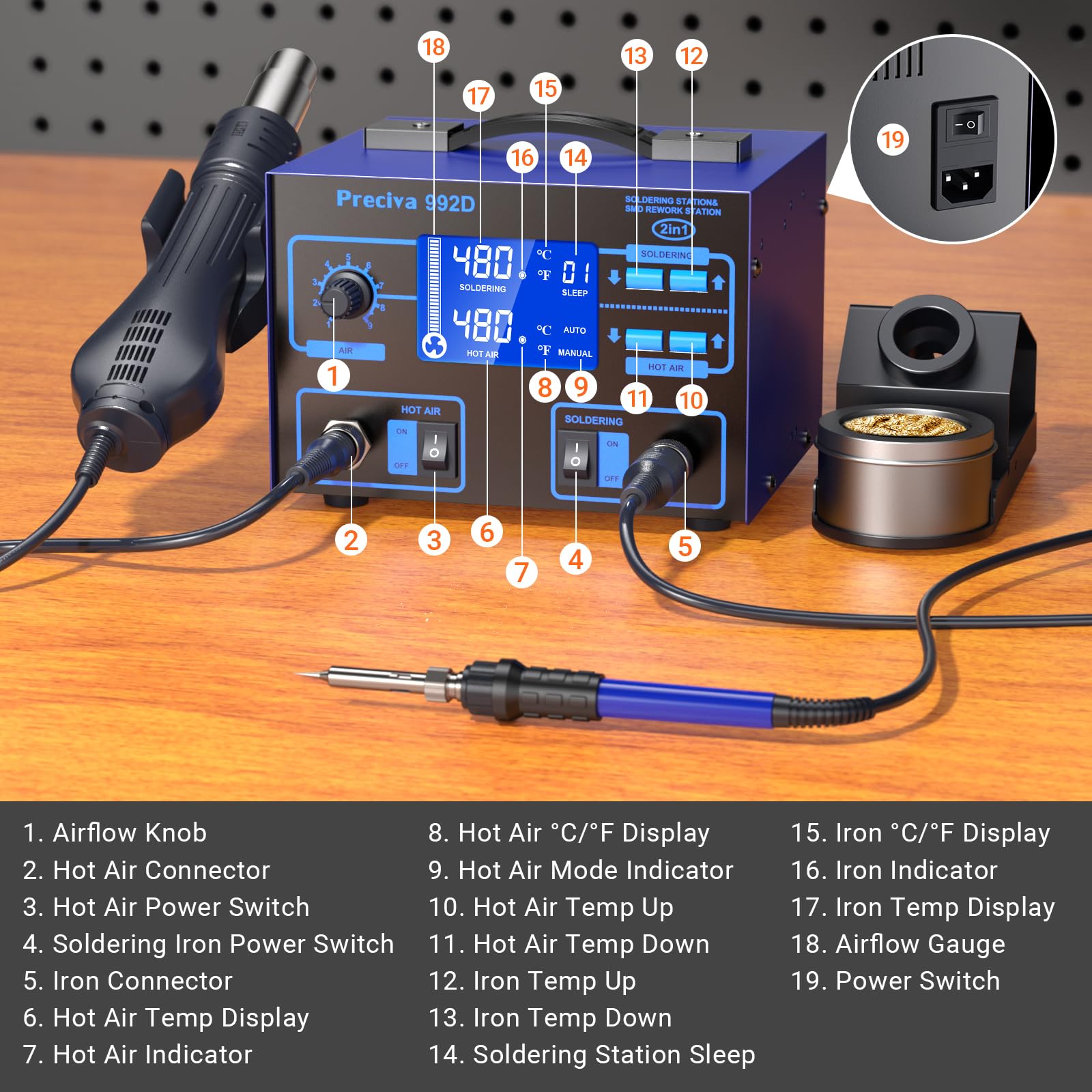 Preciva 992D Station de Soudage à Air Chaud, 690W Pistolet Air Chaud & 60W Fer a Souder, Contrôle de Température PID, Grand Écran LCD, Mode Veille Automatique, pour Réparation SMD, QFP, BGA