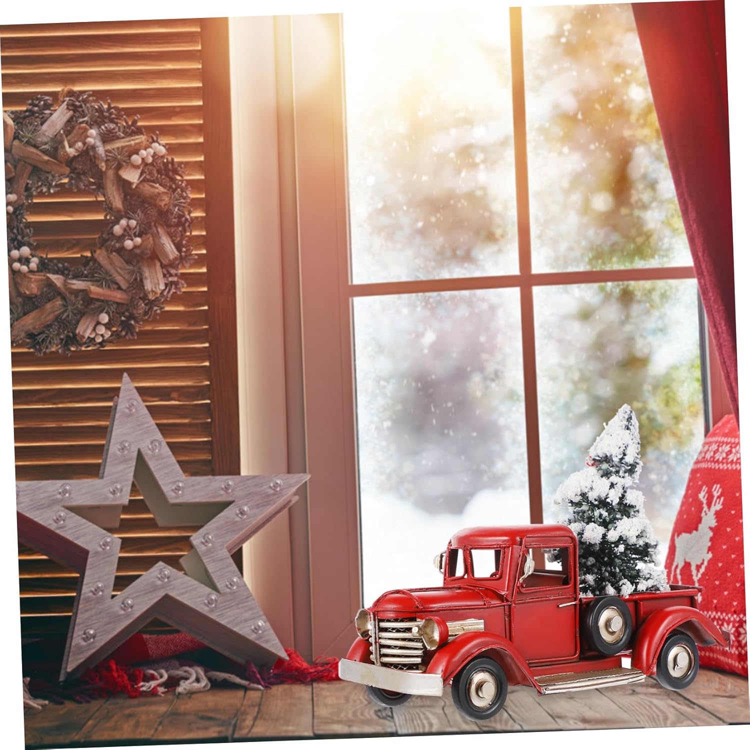 GARVALON Vintage Pickup Truck Model with Christmas Tree Holiday Desktop Ornament for Festive Decor Iron Art Material for Xmas Party and Home Decoration