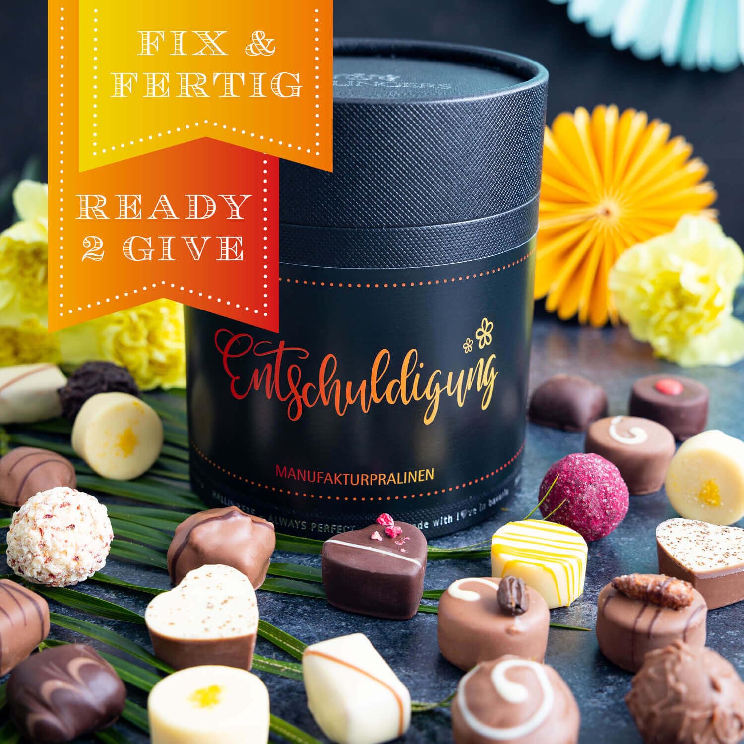 Hallingers Genuss Manufaktur Pralinen Glückwunsch-Geschenk - ohne Alkohol, handmade aus Confiserie-Edelkakao in wertiger XXL-Geschenkdose "Entschuldigung", Geschenkidee für Frauen Männer