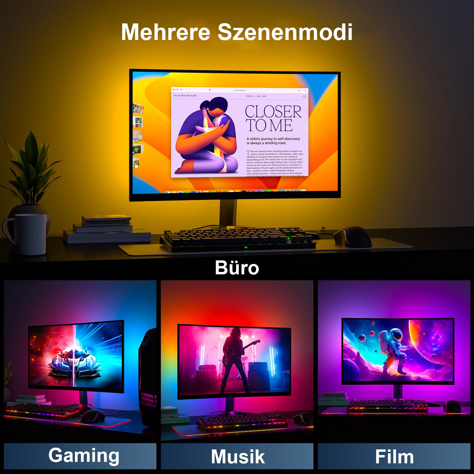 4 sides 24-27 Zoll PC Monitor Hintergrundbeleuchtung,RGBIC LED-Lichtstreifen synchron mit Bildschirmfarbe und Musik für Spiele, Filme usw., einfach zu verwenden ohne Kamera, Softwaresteuerung