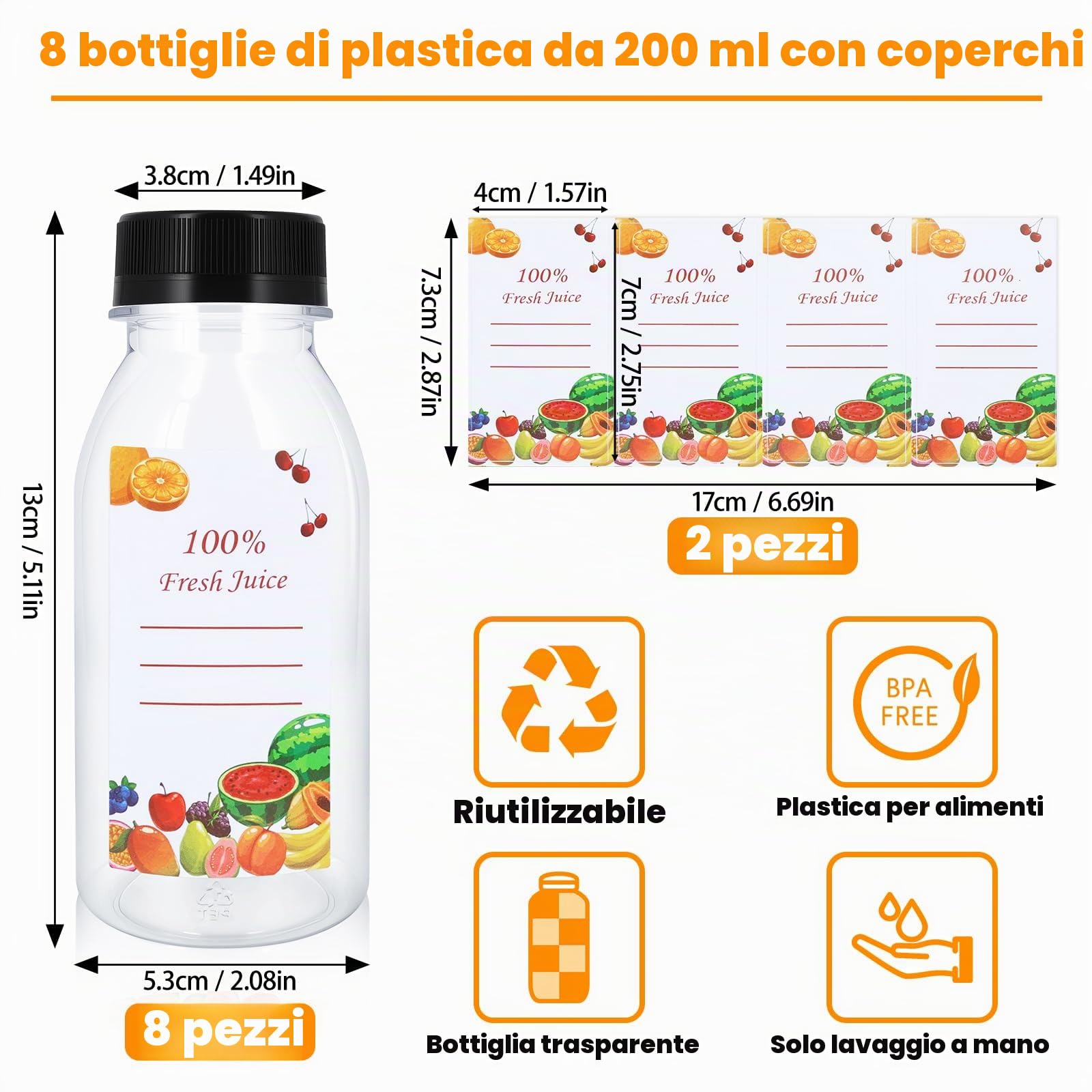 8 Pezzi Bottiglie di Plastica 200ml,Trasparenti Piccole Bottiglie per Bevande con Coperchio Nero e 8 Adesivi,Riutilizzabile Mini Bottiglia di Plastica per Conservare Succhi,Acqua e Bevande