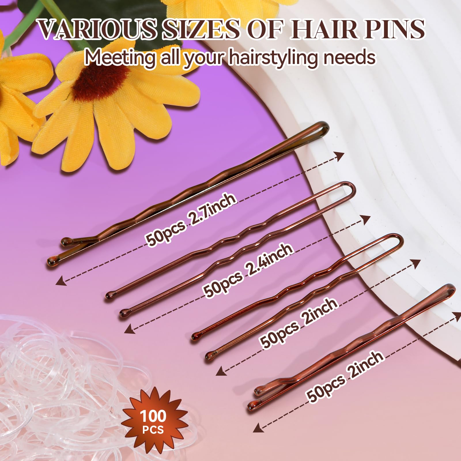 Juego de 300 horquillas para el pelo con caja de almacenamiento, 100 horquillas antideslizantes marrones, 100 horquillas invisibles para mujeres y 100 bandas transparentes para el cabello, bloquean el