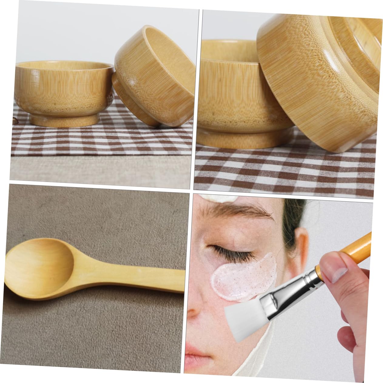 minkissy 2sets Diy Face Mask Mixing Bowl Brush Set Bamboo Beauty Tool Portable Lightweight 3pcs*2