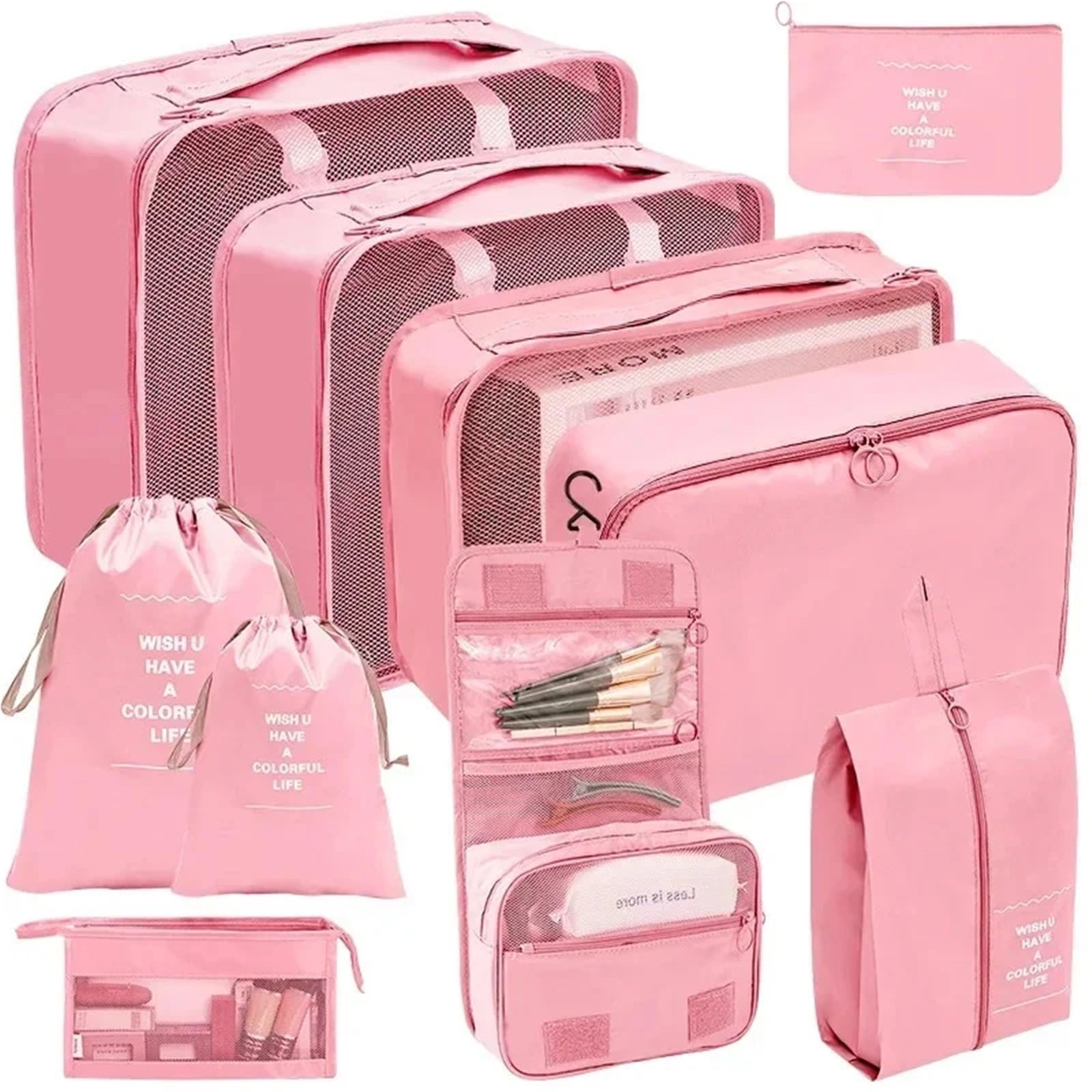 Organizer Valigia,Packing Cubes Set da 7/8/9/10 pezzi, organizer da viaggio, borse portaoggetti, cubi da imballaggio, custodie portatili, borse for vestiti e scarpe, pieghevoli.(10 pcs pink)