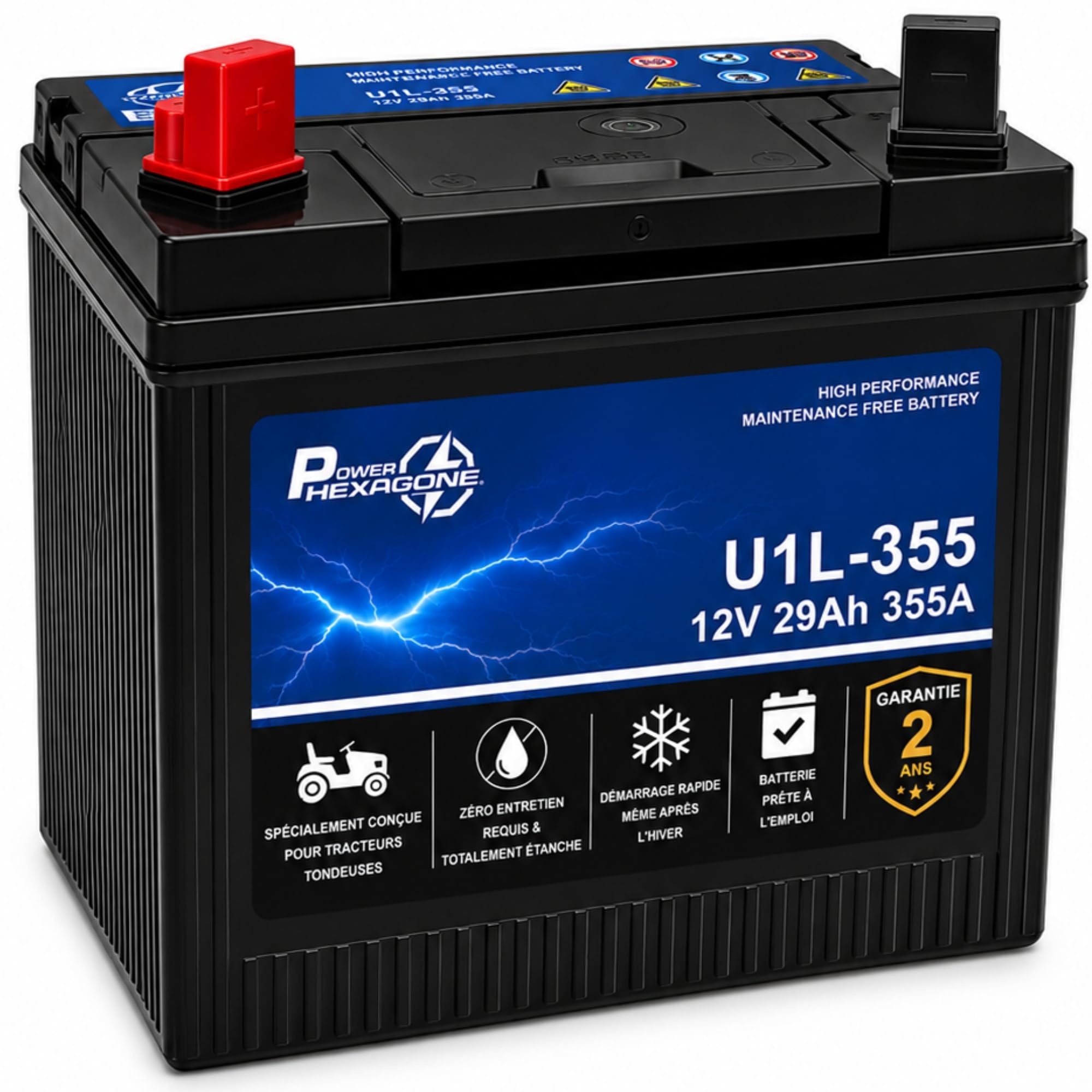 BATTERIE TRACTEUR TONDEUSE U1L-355 12V 29Ah 355A CCA – Format U1 – Plomb Acide – Haute Performance – Sans Entretien – 196x132x185mm – Garantie 2 Ans