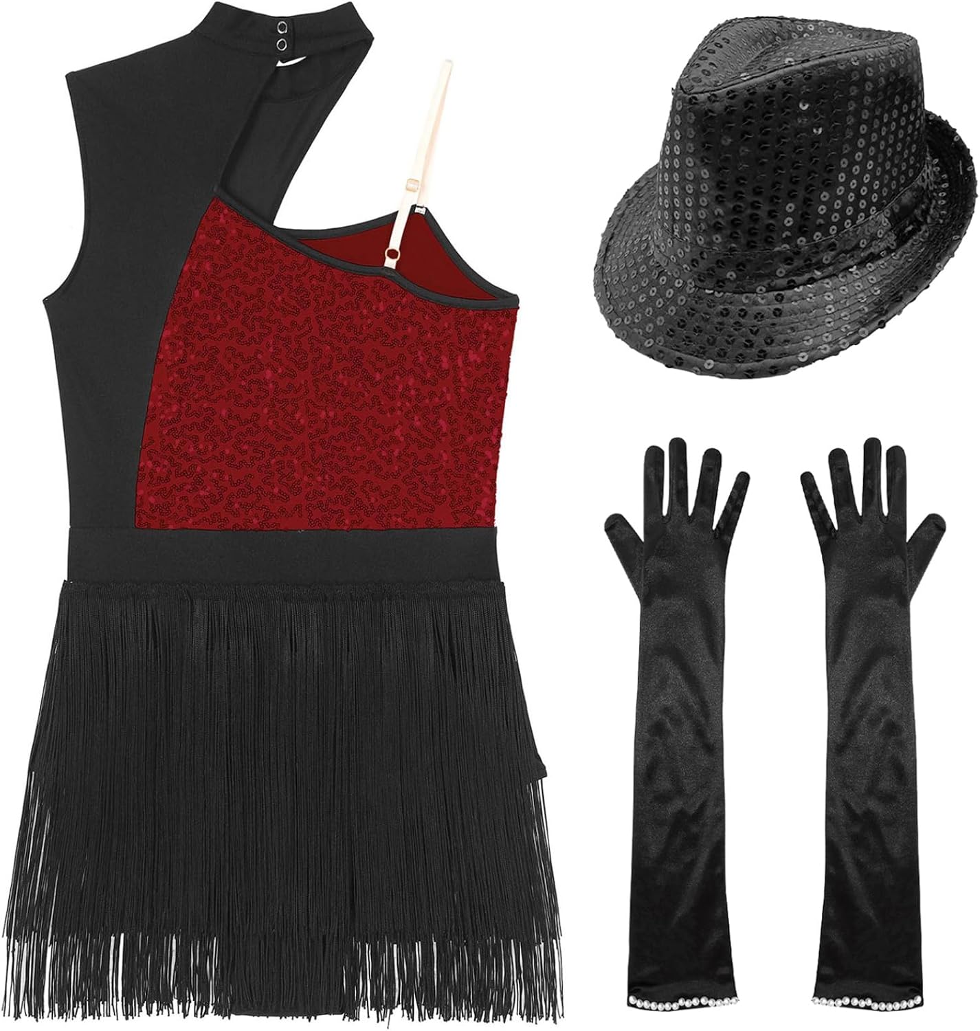 Fringe Latin Dance Outfit for Women Sequins Leotard with Gloves Hat Tango Samba Dancewear