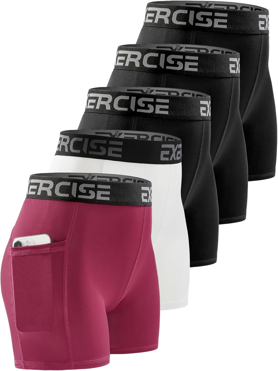 3" Spandex Short Women with Pocket 5 Pack Womens Volleyball Shorts Compression Shorts for Women with Running Workout Yoga Bl/Bl/Bl/White/Wine Red L