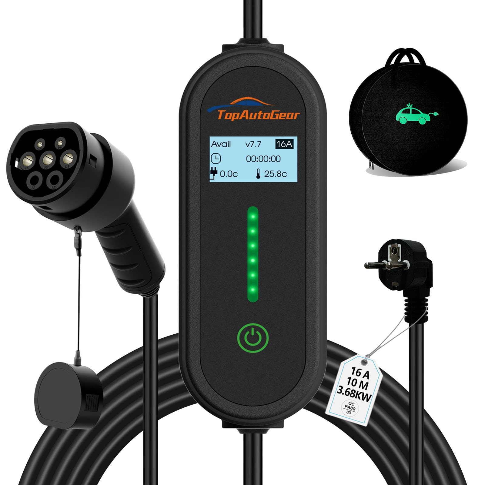 TopAutoGear Mobile Wallbox 11 kW/3.7kW [6 m | 8-16 A] mit Einstellbarer Stromstärke, Ladekabel CEE 16A auf Typ 2 für ID.3/4/5, Model Y/3, MG4, EX30, e-up, e-tron, Zoe, EV-Charger mit IP65