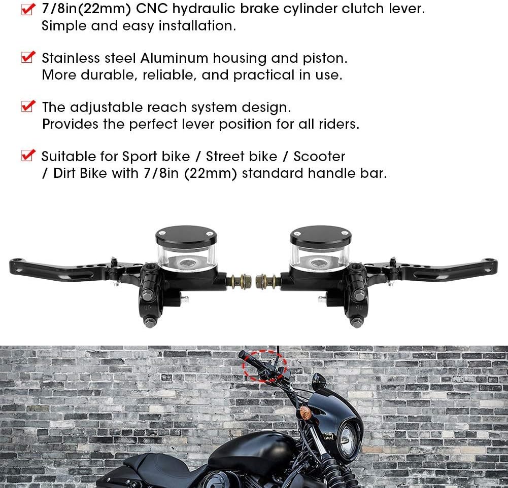 Acouto 7/8in Motorcycle Hydraulic Master Cylinder Clutch Lever 1 Pair 22mm Motorcycle Dual Hydraulic Brake Clutch Master Cylinder Reservoir Lever Aluminum Alloy Black