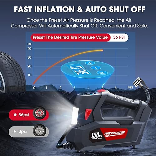 Miniatura 2 de Compresor de aire inflador de neumáticos, bomba de aire portátil DC 12V Bomba de neumáticos automática con medidor de presión digital, 150PSI con