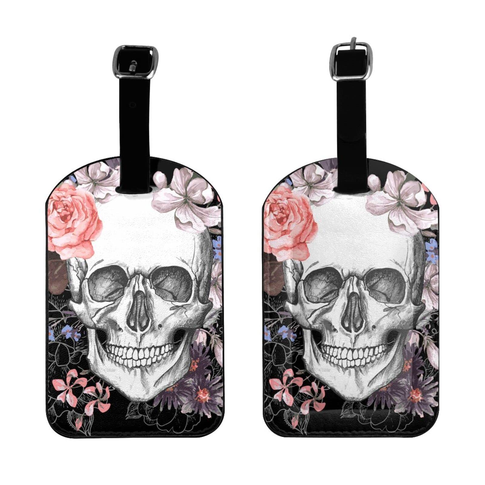 HAUYE Rose Skull Travel Leather Luggage Baggage Suitcases Tags Label Set of 2
