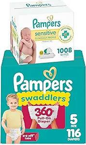 Pampers Swaddlers 360 Pull-On Diapers, Size 5, 116 Count, with Sensitive Water Based Baby Wipes 12 Flip-Top Packs (1008 Wipes Total)