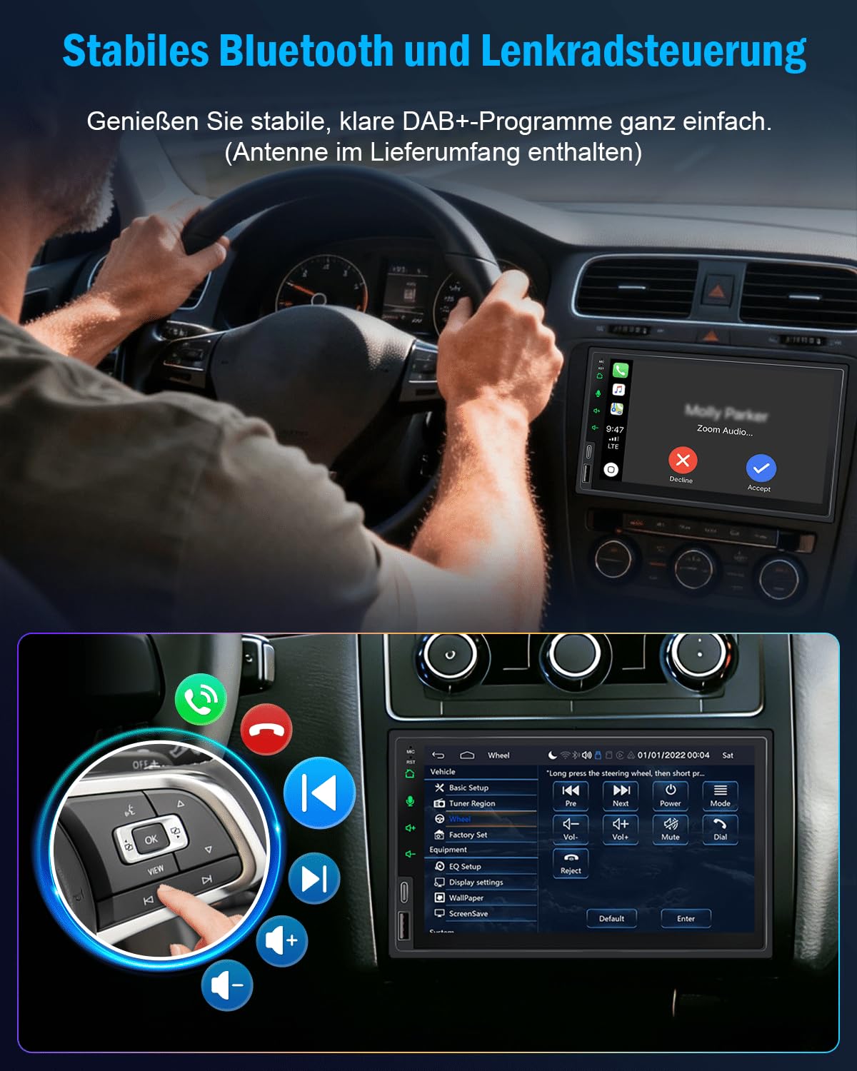 Doppel Din Radio Apple Carplay 7 Zoll 2Din Android Auto Autoradio mit HD IPS Bildschirm, Doppeldin Car Play Auto Radio Touch Display mit Navi, Bluetooth, AM/FM SWC