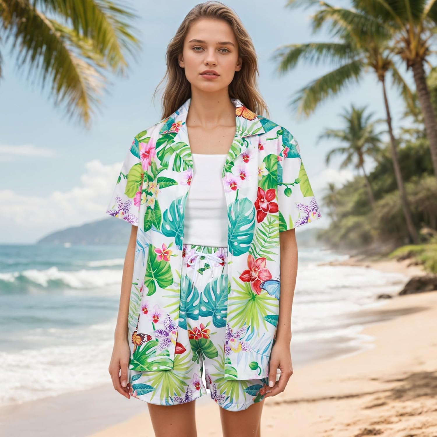 Women's Hawaiian Shirt Shorts Floral Tropic Button Down Shirts Short Sleeve Outfits Vacation Beach Summer Lounge Suit - Image 6